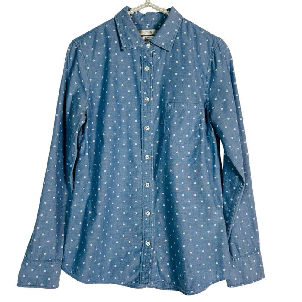 J. CREW |  Boys Denim And White Polka Dot Button Down Long Sleeve Shirt Size 4